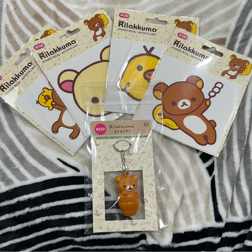 Rilakkuma bundle, 4 large decals & 1 scented squish keychain, nwt
